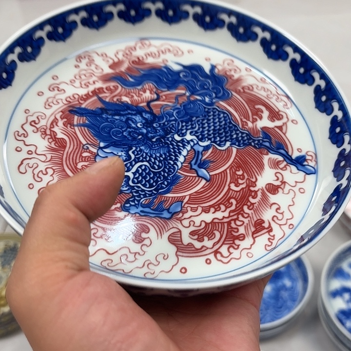 瓷片釉里红麒麟踏浪大胡乘景德镇