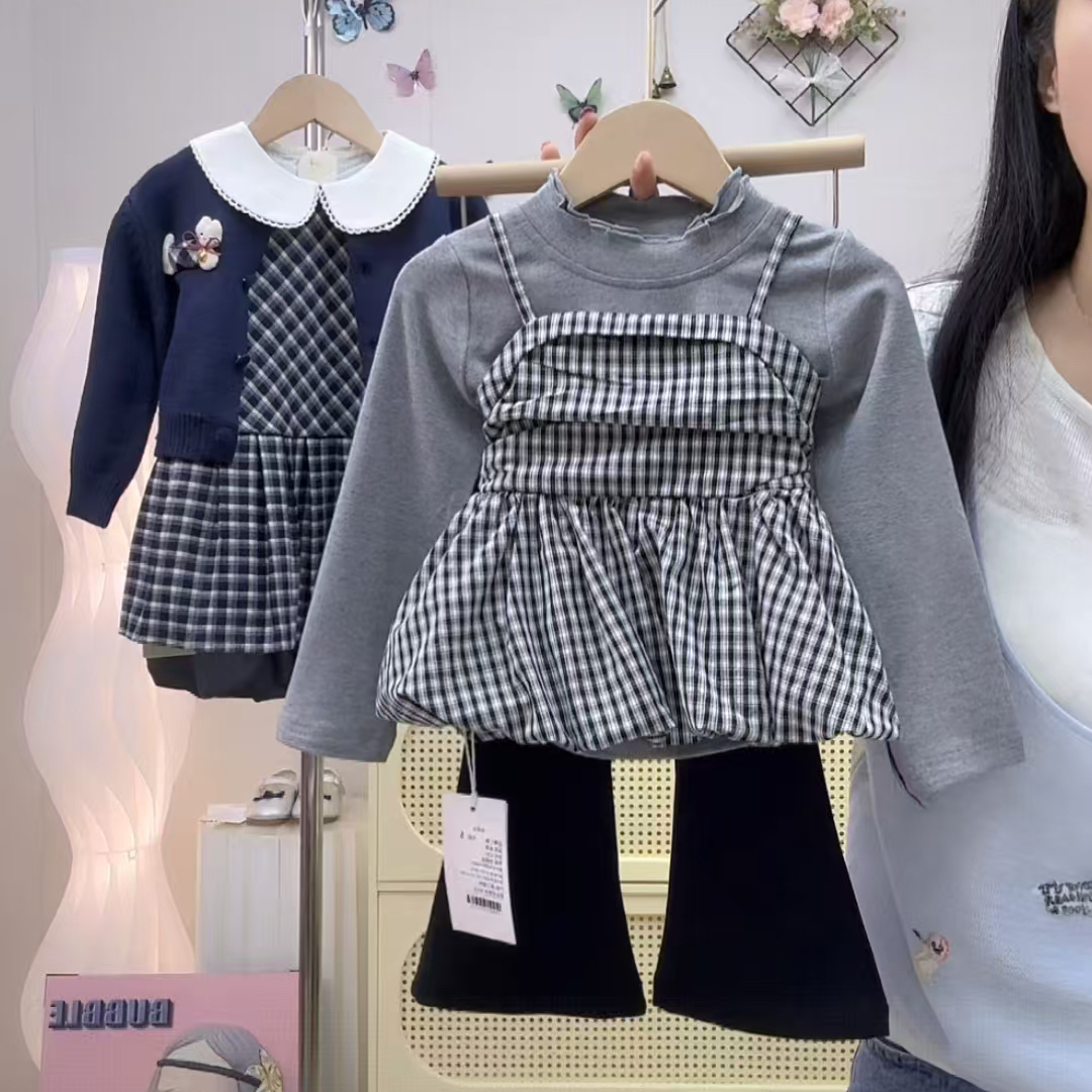 女童秋季套装2025新款“格纹泡泡”真两件格子上衣喇叭裤套装
