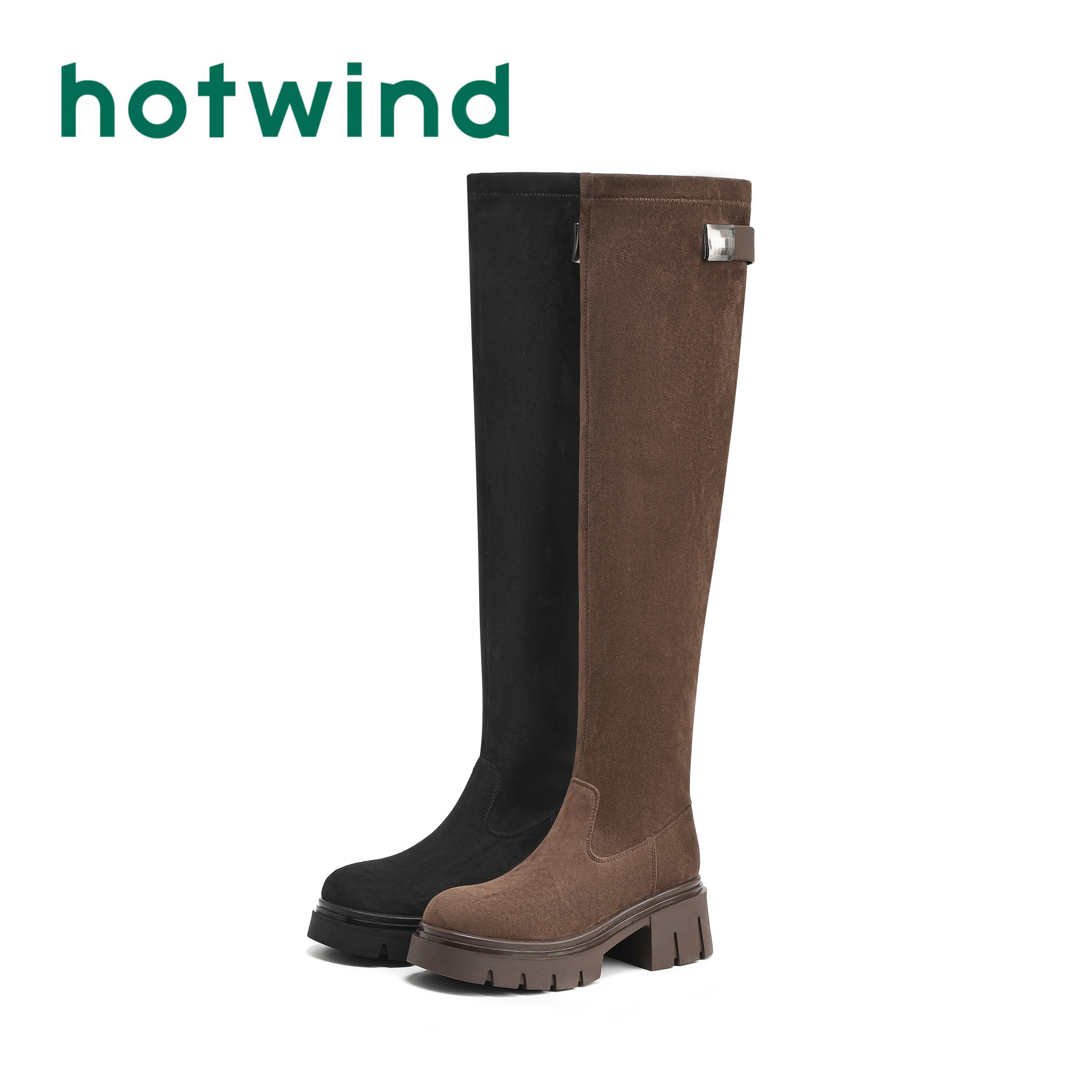 Hotwind/热风秋季新款女鞋穿搭显瘦厚底高筒靴冬长筒过膝弹力靴