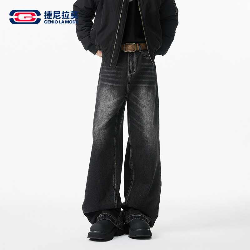 【敖瑞鹏代言】GENIOLAMODE美式复古牛仔裤男秋冬加绒阔腿宽松长裤