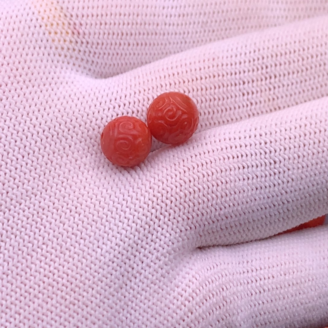 南红玛瑙未镶嵌南红精工雕刻回纹对珠9.1mm