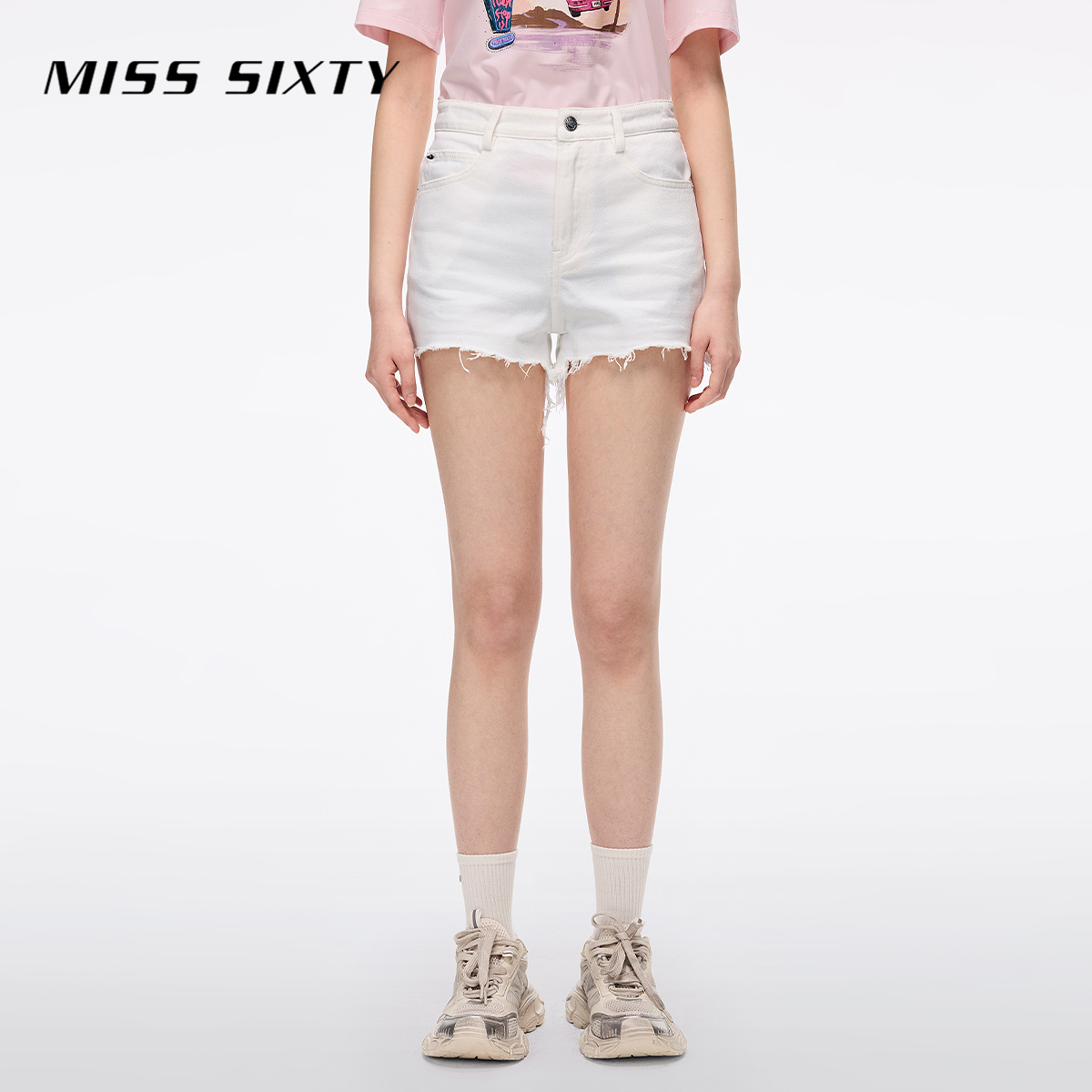 Miss Sixty2025春季新款白色磨毛牛仔短裤女磨破拉须显瘦直筒裤