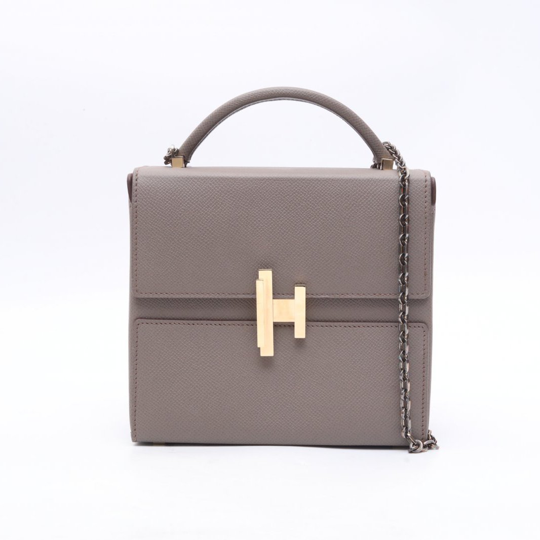 99新 Hermes/爱马仕 小花双双 18 盒子包 锡器灰 Epsom皮 D刻