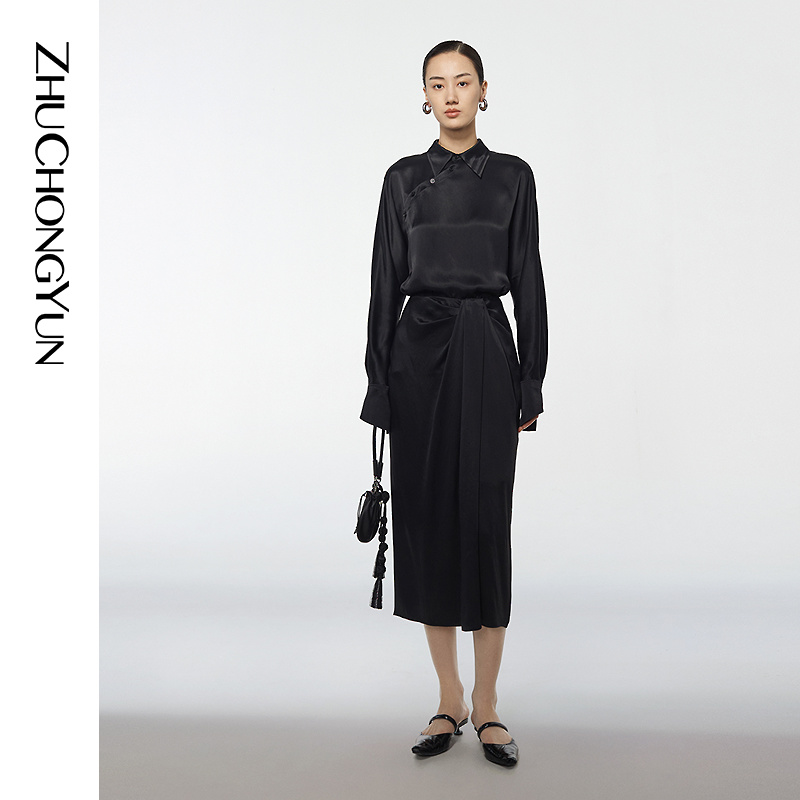 ZHUCHONGYUN2025春新款简约黑色新中式新衬衫C1DE15559
