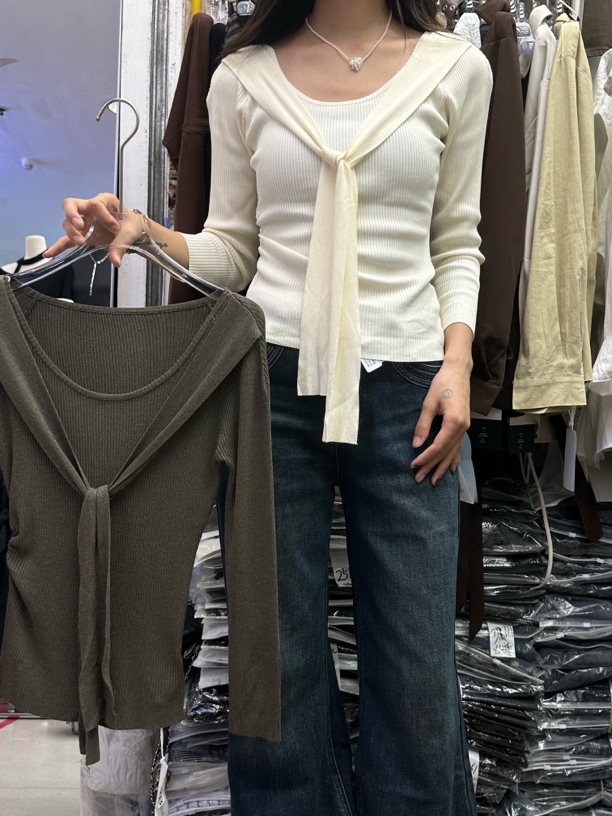 森木子法式高级感森女系修身型毛针织衫针织衫绑带通勤高品不起球