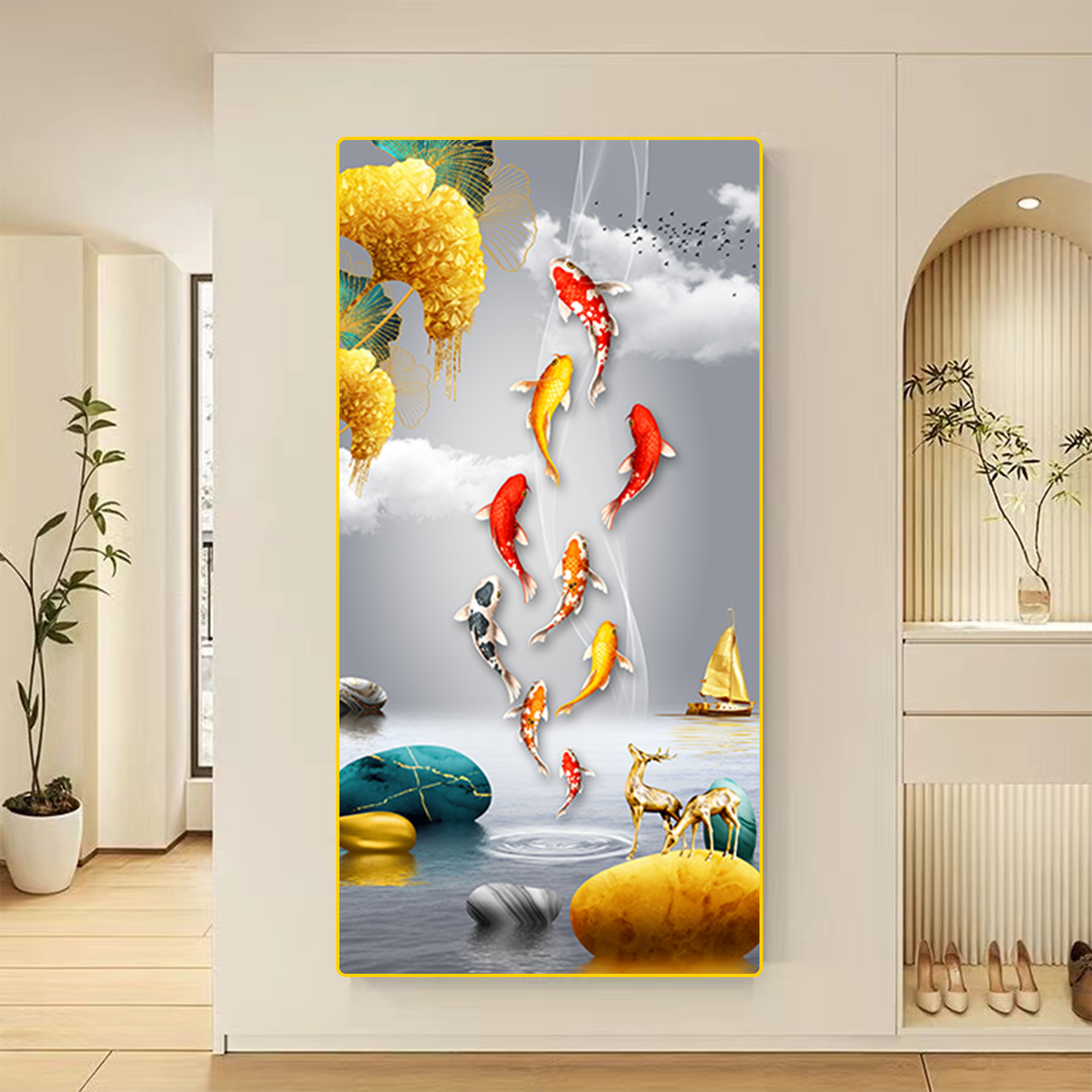 轻奢九鱼图玄关装饰画现代高级入户正对门壁画走廊过道挂画XG20