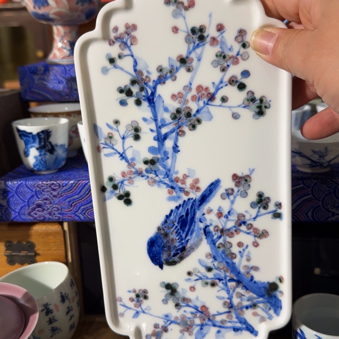 瓷小鸟茶盘手绘青花