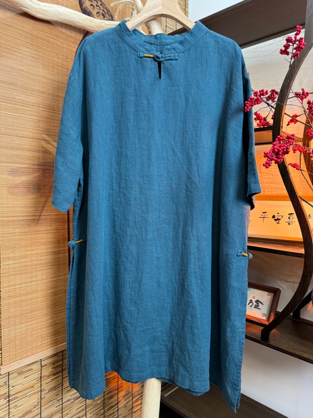 亚麻纯色水滴扣手工绕线半袖长袍（衣长89 胸围140)