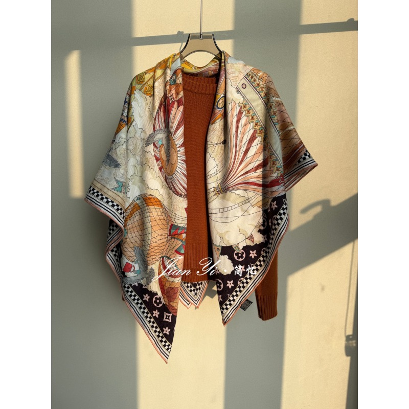 【铁塔气球漫游记】优雅气质桑蚕丝羊毛提花130cm大方巾双面披肩