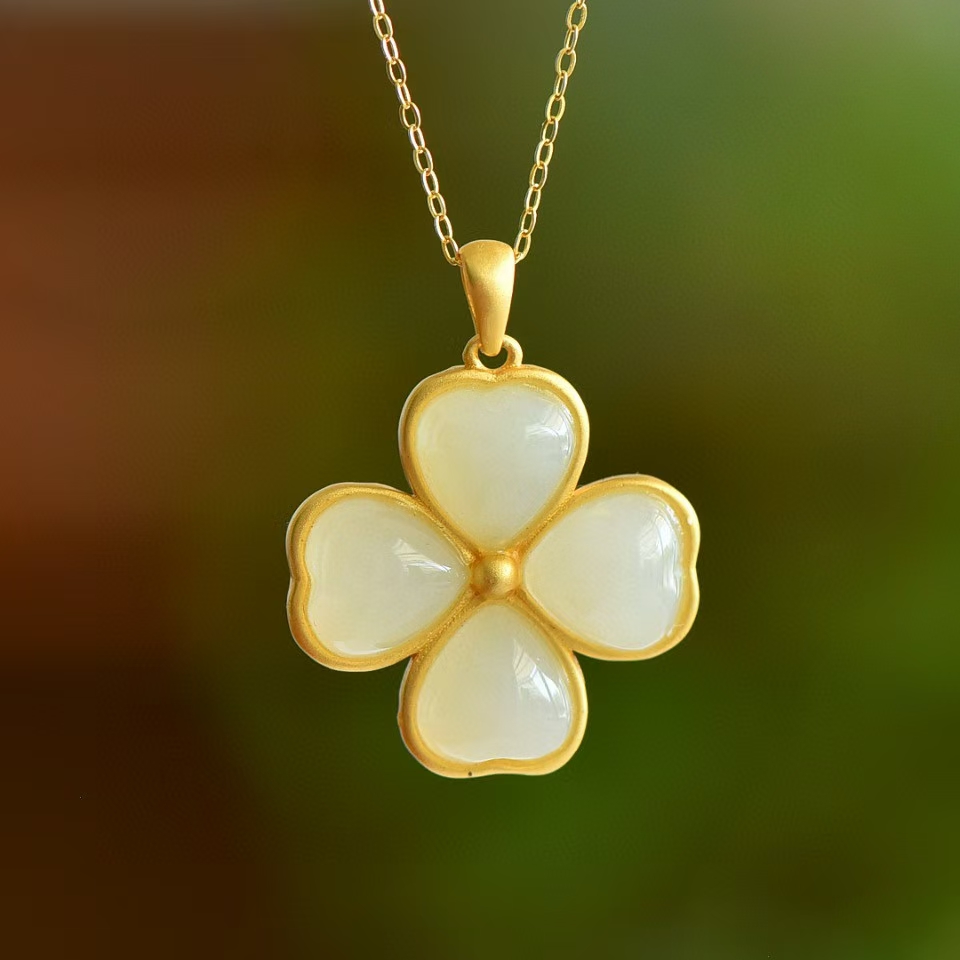 S925银天然和田玉白玉四叶草吊坠银项链幸运草玉坠812011