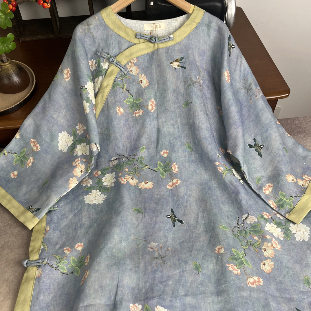 清音 文艺复古亚麻数码印花盘扣全侧开中长款禅意茶服