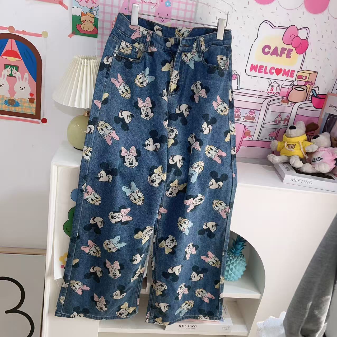 清版】2025春夏新款满印卡通设计 宽松阔腿薄牛仔裤  韩系女