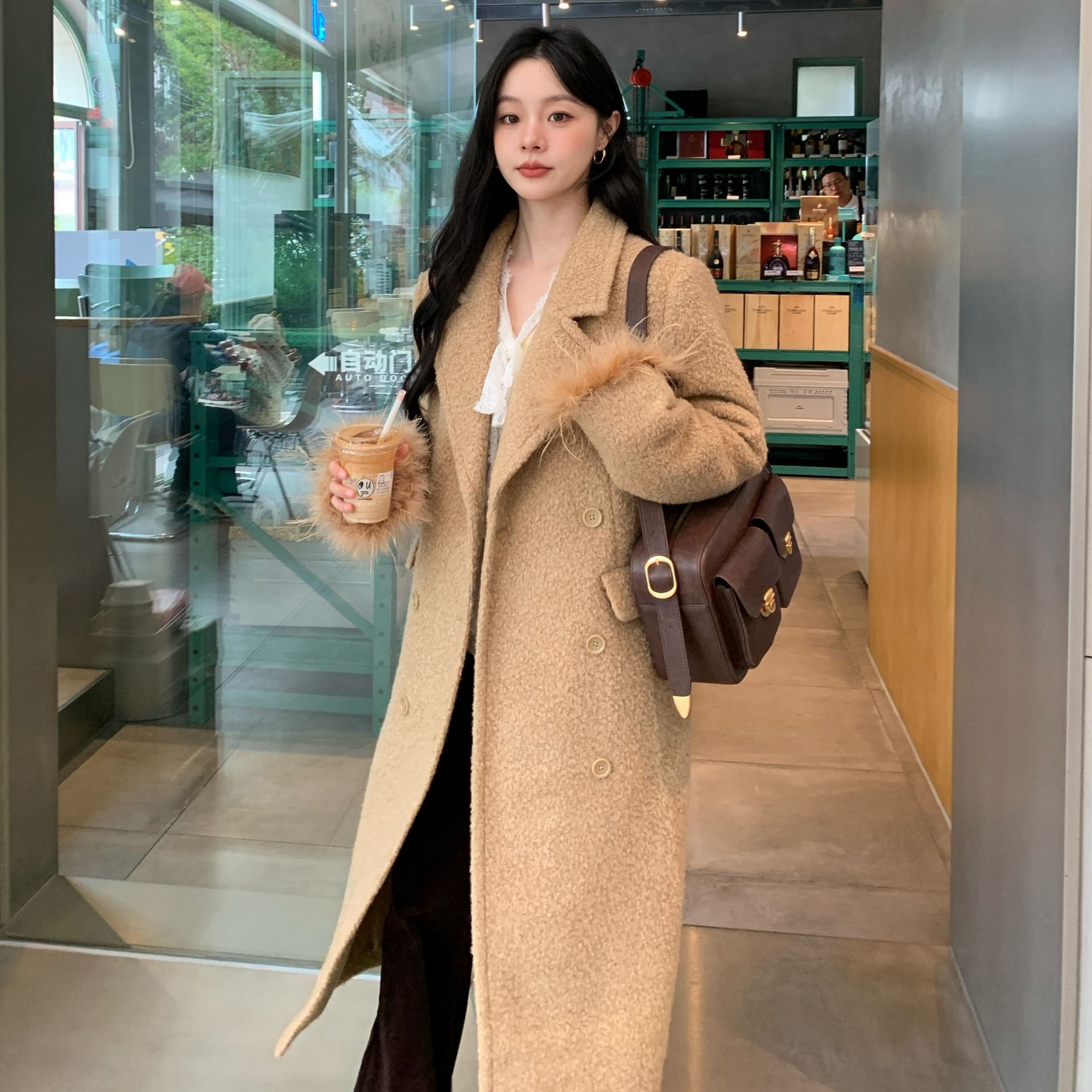 十三行25冬韩系通勤气质大衣双排扣长款毛呢外套女F7057