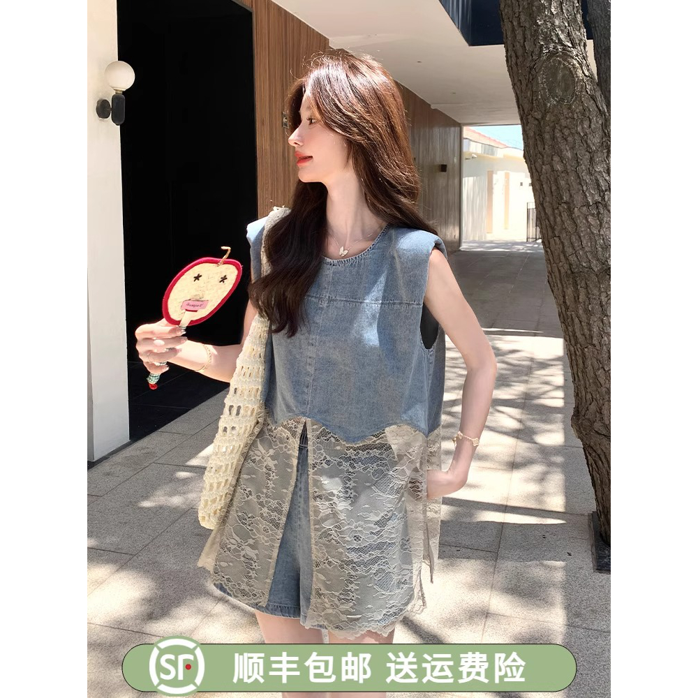 蓝色牛仔套装女2025夏新款休闲小众设计感蕾丝拼接马甲短裤两件套