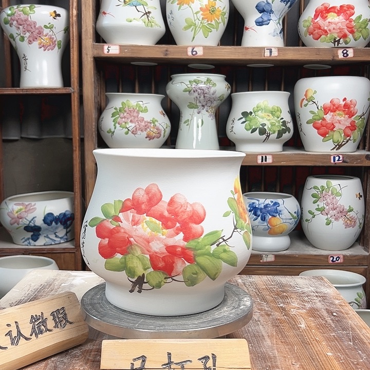 摆件高20口20红红牡丹陶瓷陶瓷