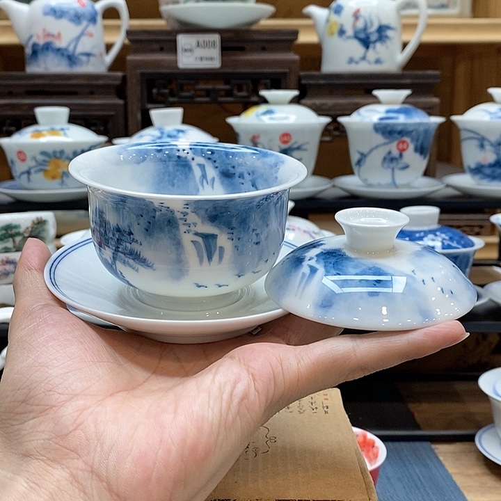 手绘玉龙下山盖碗175cc三才釉下彩微瑕福利款