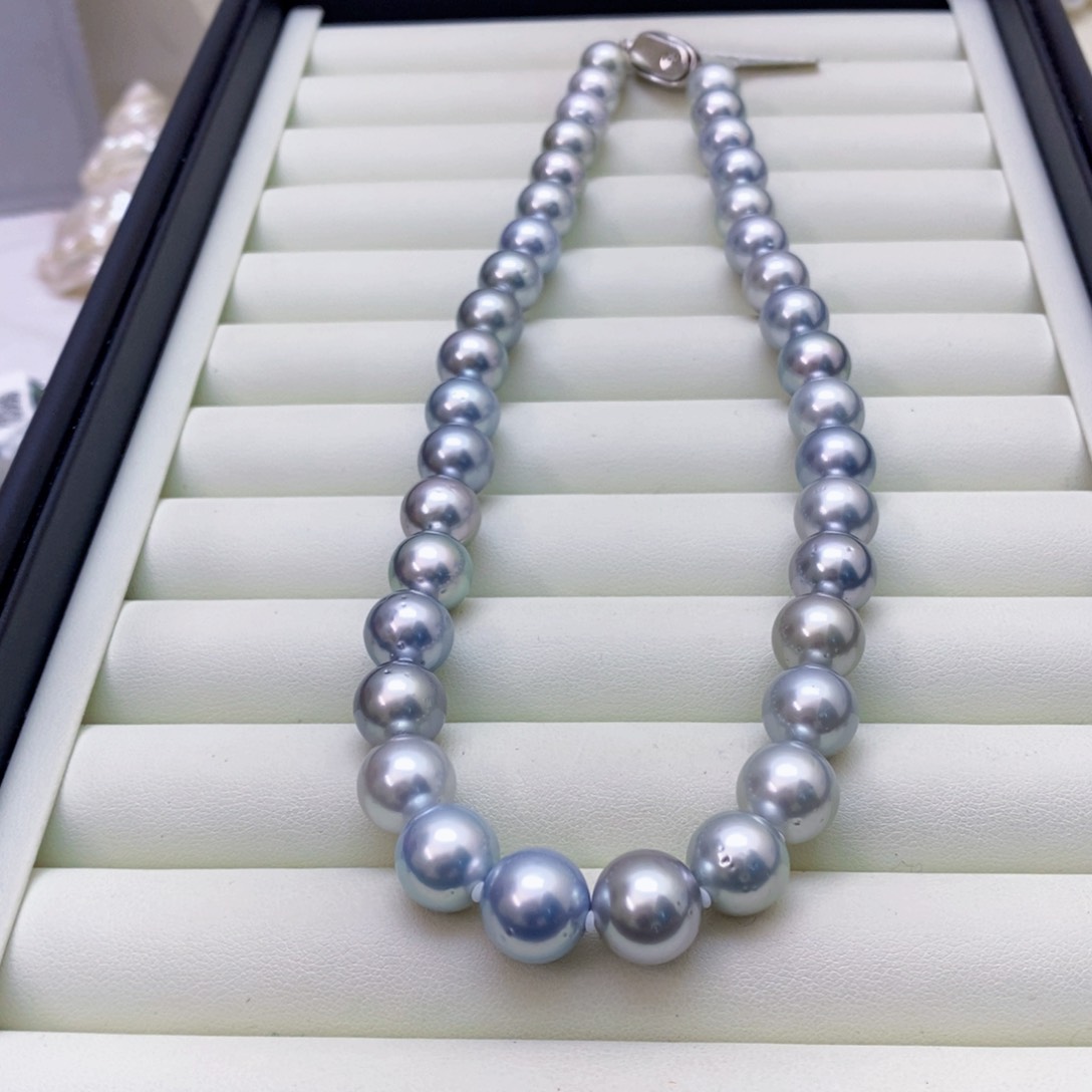 海水珍珠项链银S925镶嵌机*兔10-12铂金灰项链