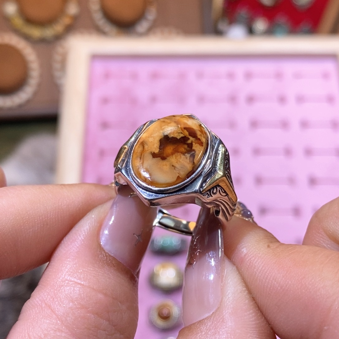 琥珀戒指银S925镶嵌沧*戒指