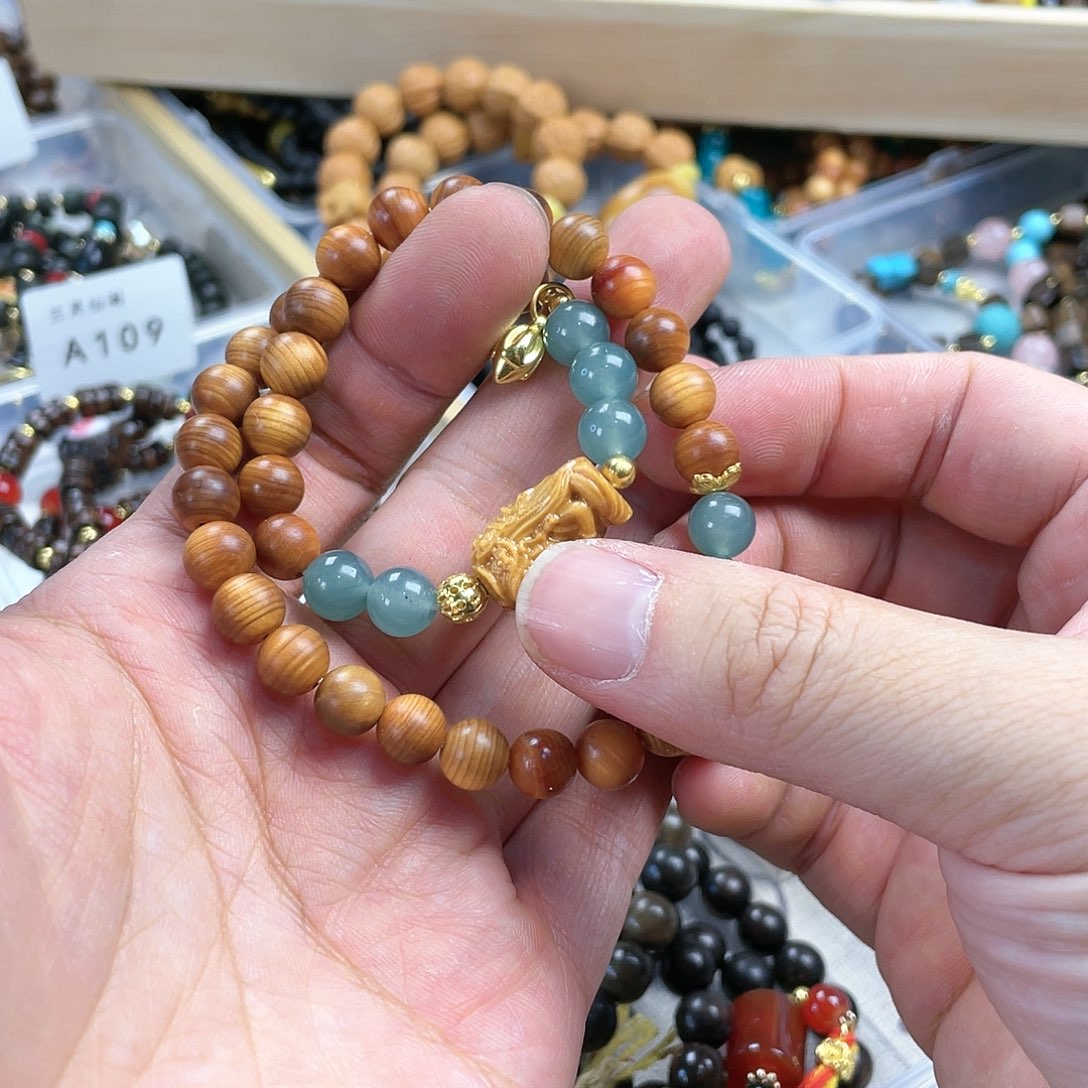 檀香木手串银S925镀金镶嵌