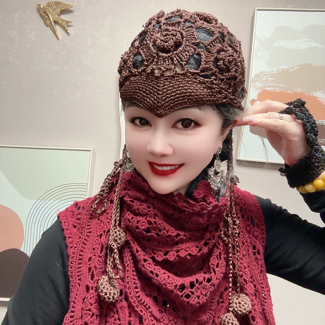 （芙蓉花）手工钩织美人尖钩花帽