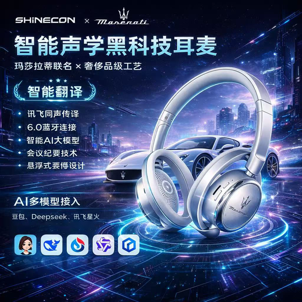 玛莎拉蒂联名SHINECON智能Ai同声翻译头戴式蓝牙耳机降噪高清耳麦