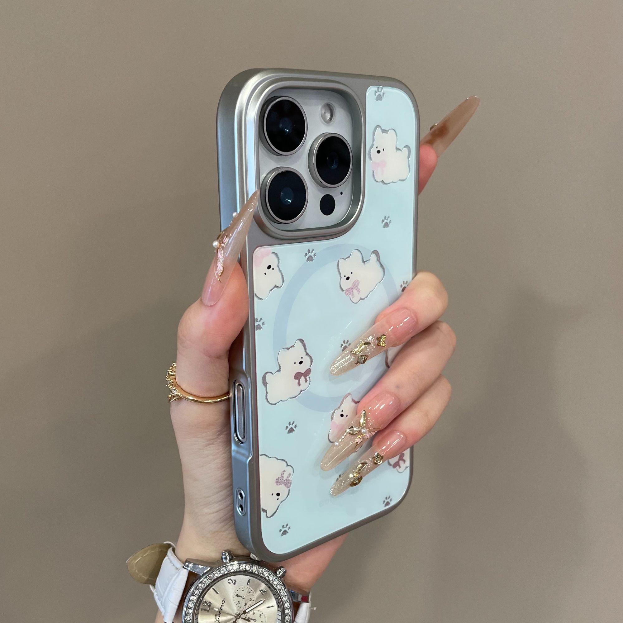 可爱蓝底鎏金西高地磁吸适用iPhone16手机壳15pm卡通14新款13pro