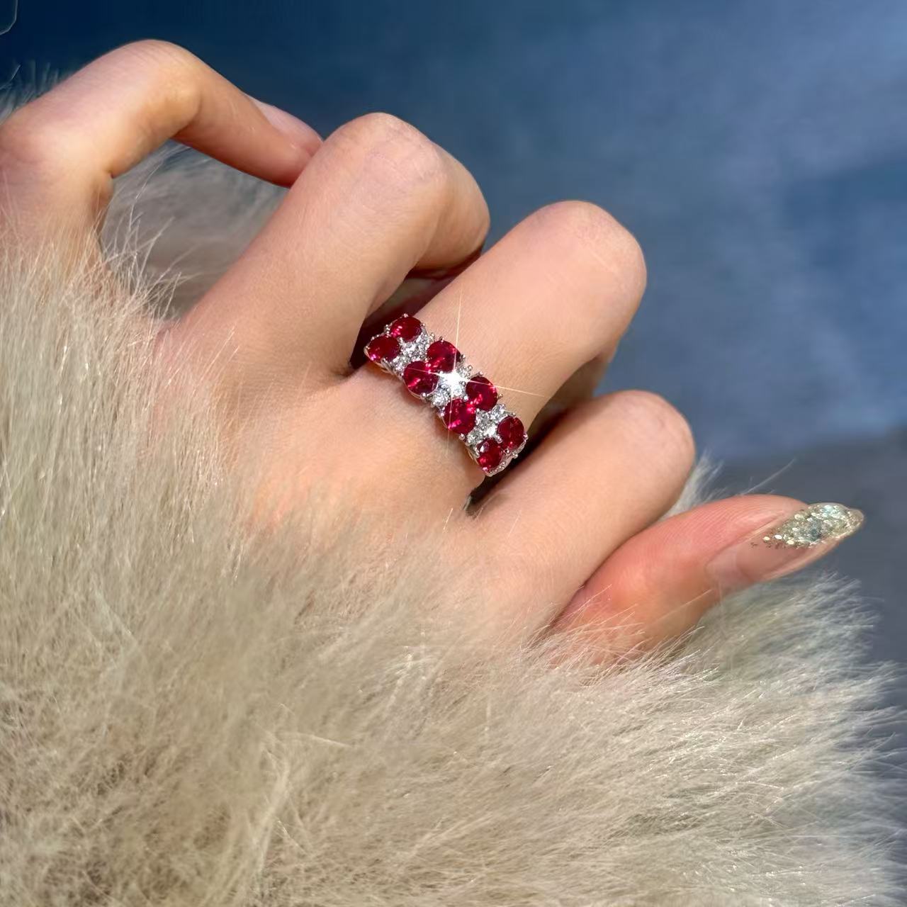 QANNA【樱桃甜酒】【红色双排满天星】璀璨星河轻奢百搭钻石戒指AY