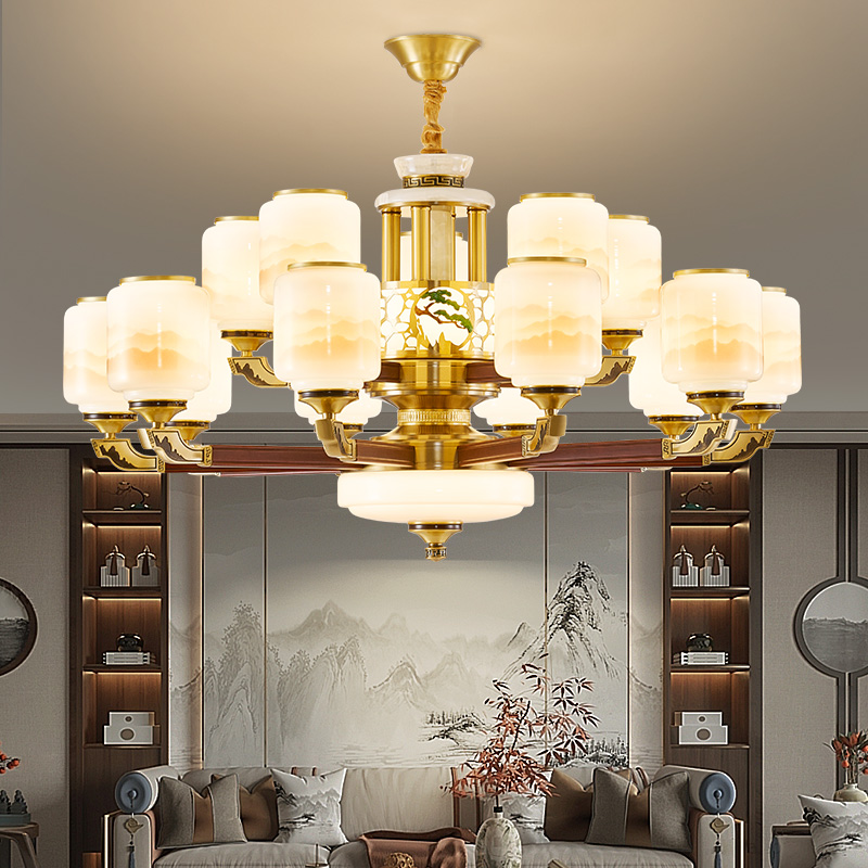 新中式大气高奢全铜玉石胡桃木吊灯客厅灯餐厅灯