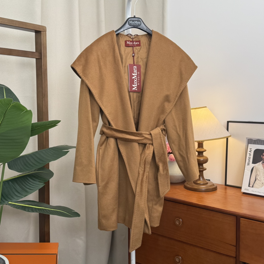 未使用 MaxMara 青奢荟/36码/秋冬羊绒羊毛焦糖连帽秋冬大衣90801