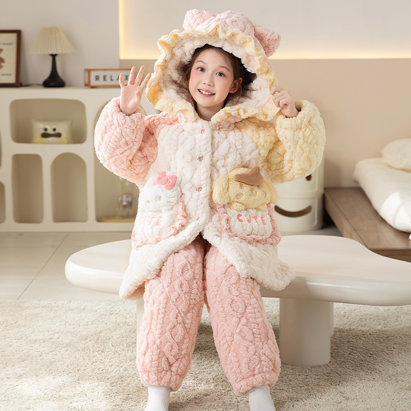bejirog/北极绒洋气可爱风珊瑚绒三层夹棉女童中大童连帽睡袍套装