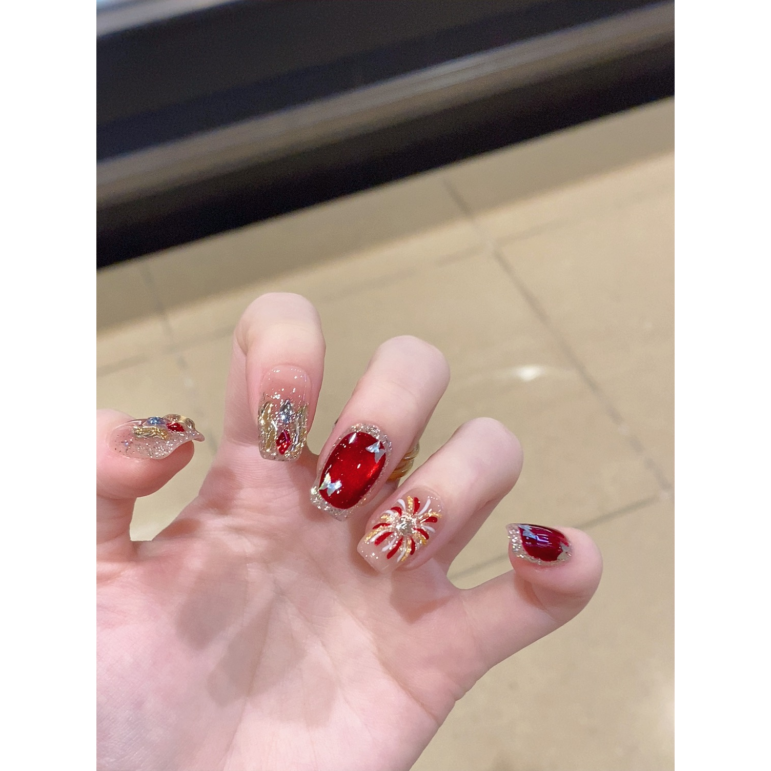【海棠花】 纯手工穿戴甲 显白牢固聚会百搭新年蝴蝶款红色美甲 B