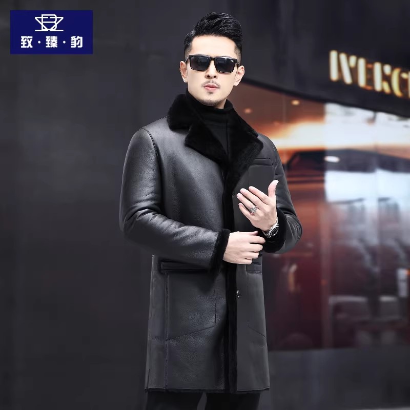 海宁原生态皮毛一体男士中长款西装领绵羊皮风衣冬季加厚皮草外套