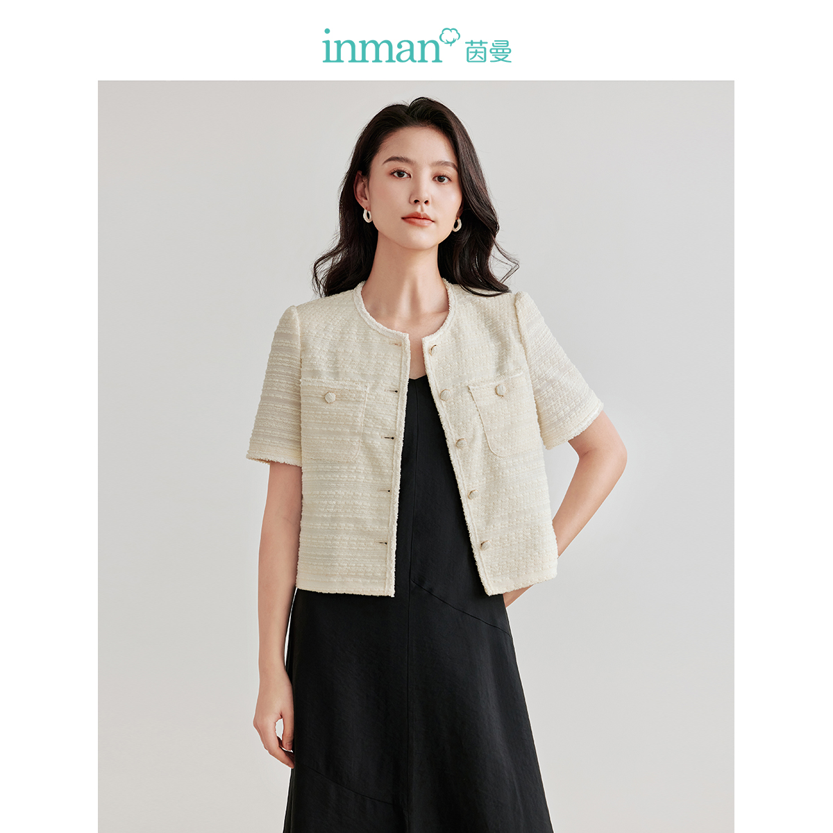 【商场同款】茵曼夏季女西装小休闲短款通勤薄款百搭短袖纯色圆领