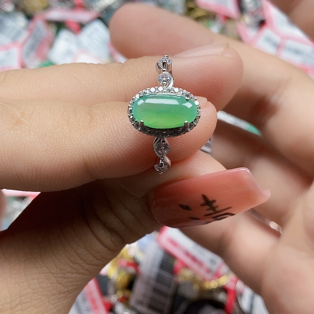 翡翠银S925镶嵌戒指天然A货缅甸翡翠