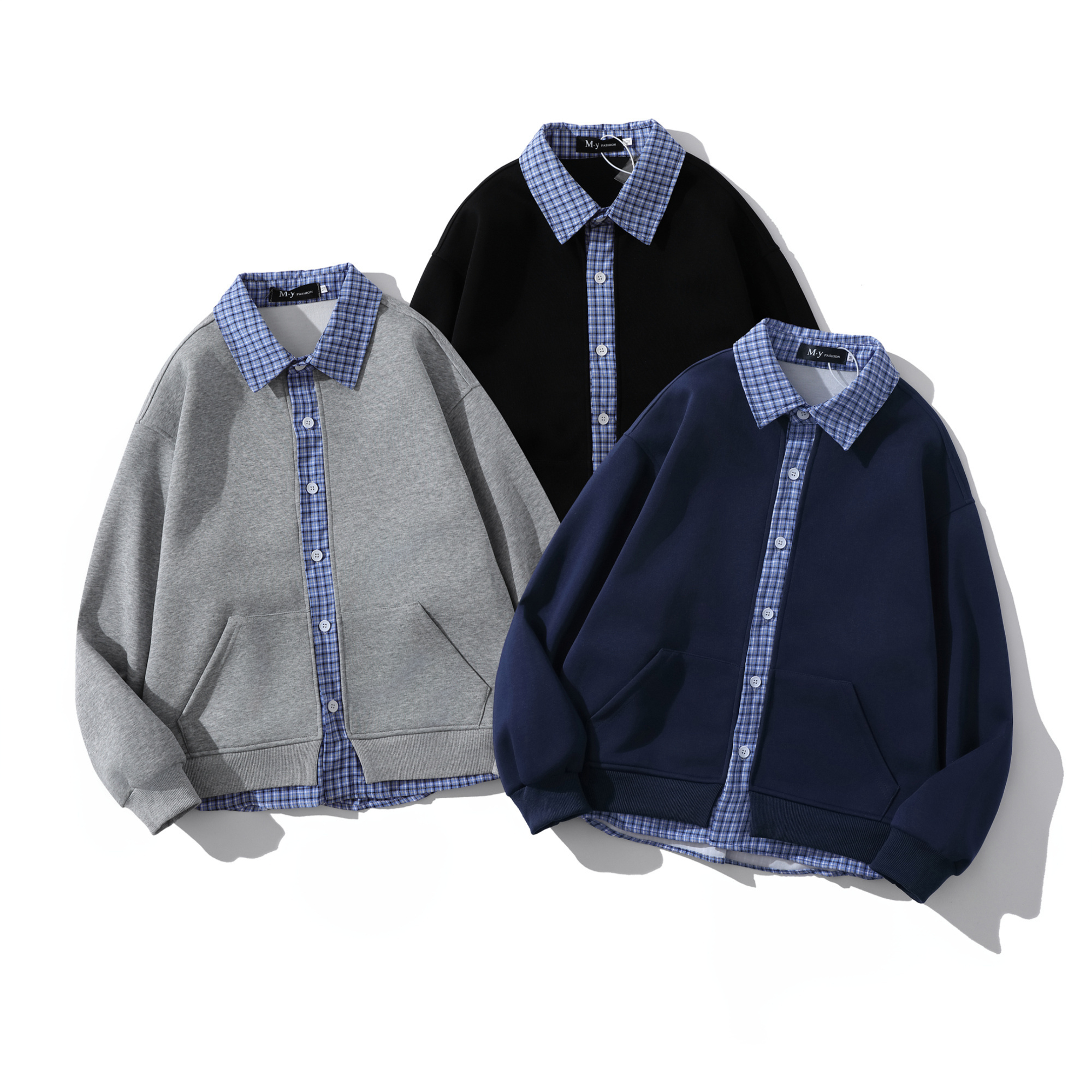 秋季格子男男款格子拼接连帽卫衣春秋拼接长袖潮流牛仔时尚休闲