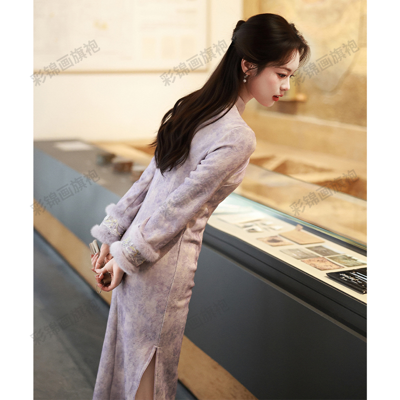 紫色旗袍冬款加绒加厚冬季女新中式年轻版中国风气质改良式连衣裙