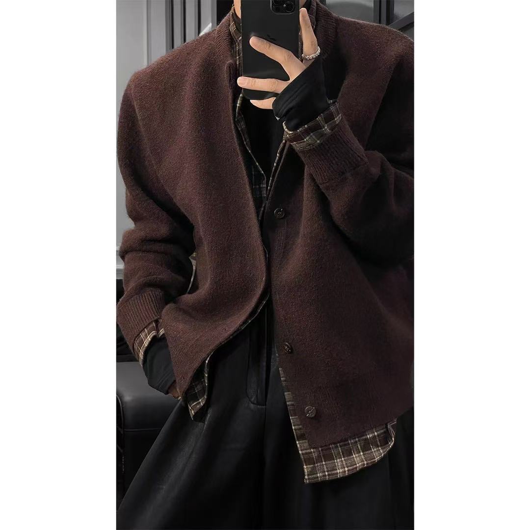 龙叨叨秋冬老钱风假两件格纹拼接长袖针织开衫毛衣外套美式休闲男