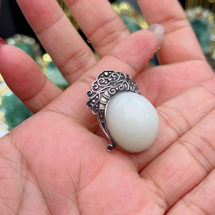 透闪石-蛇纹石玉戒指银S925镶嵌紫*