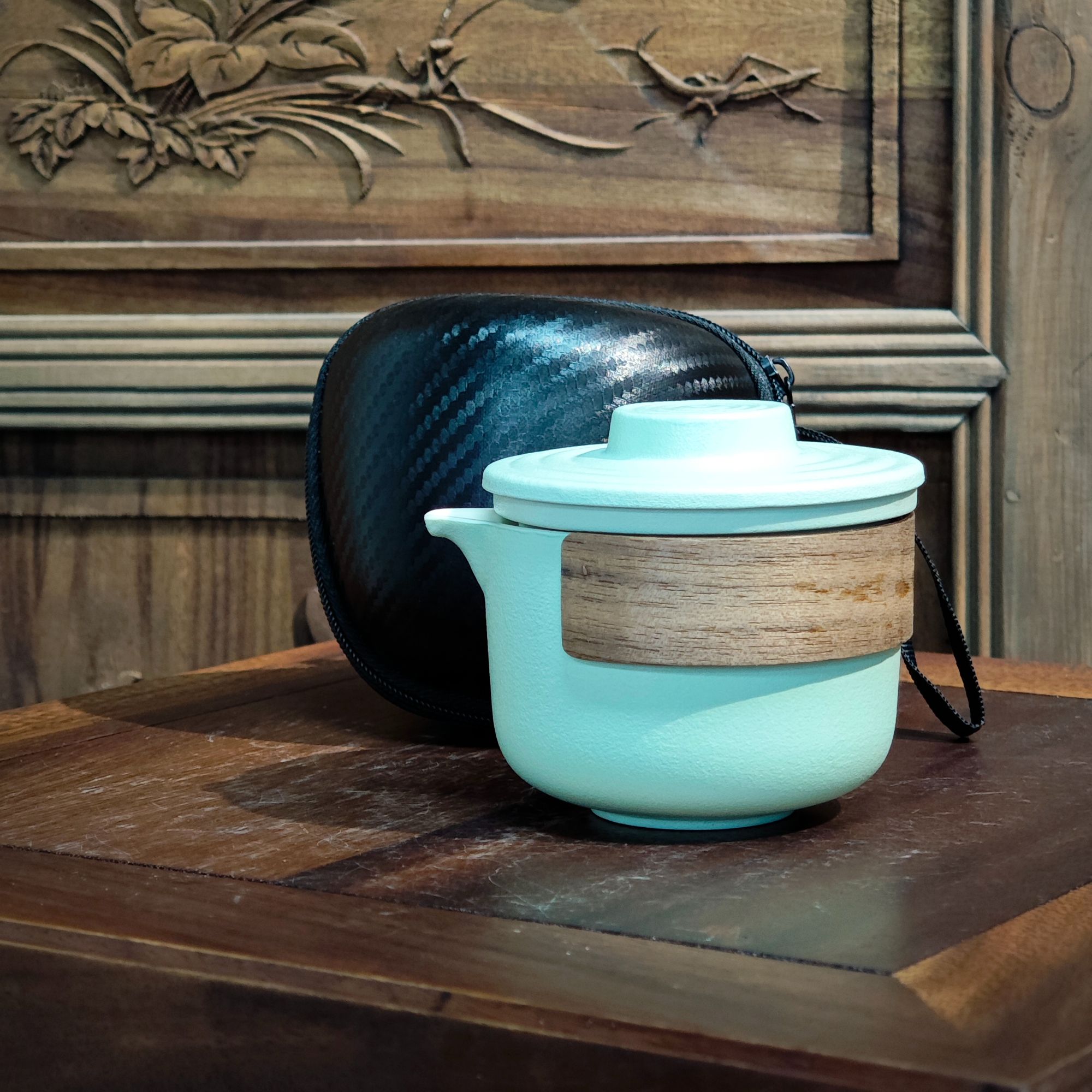 【闪购链接】A-0097 绿泥木质手捏壶+两杯旅行套