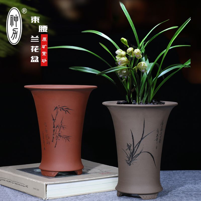 兰花盆 君子兰 吊兰文竹盆景绿植中国风室内古典精品竹韵紫砂花盆