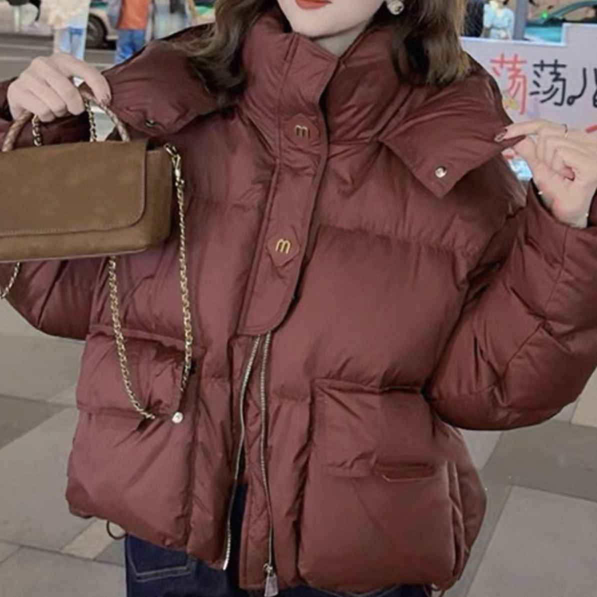 6871#【衣长53】连帽纯色女轻职风拼接短款宽松秋冬女装加厚