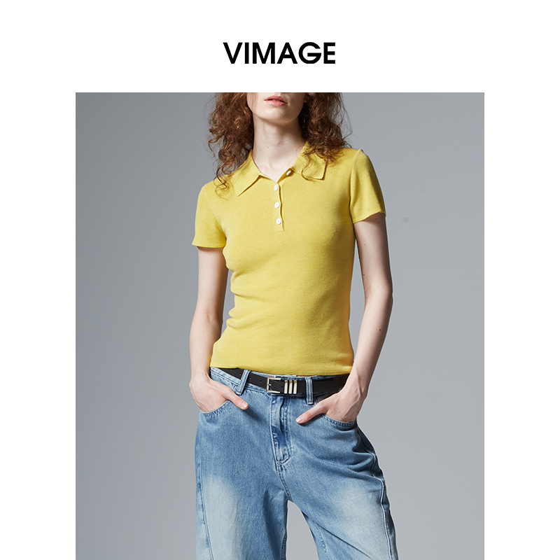 VIMAGE纬漫纪翻领百搭复古正肩polo领女T恤上衣2025夏季V2301935