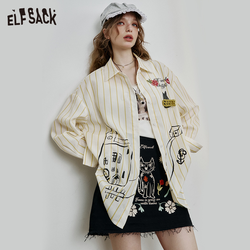 【商场同款新品】妖精的口袋猫咪印花条纹衬衫女2025早春新款设计感