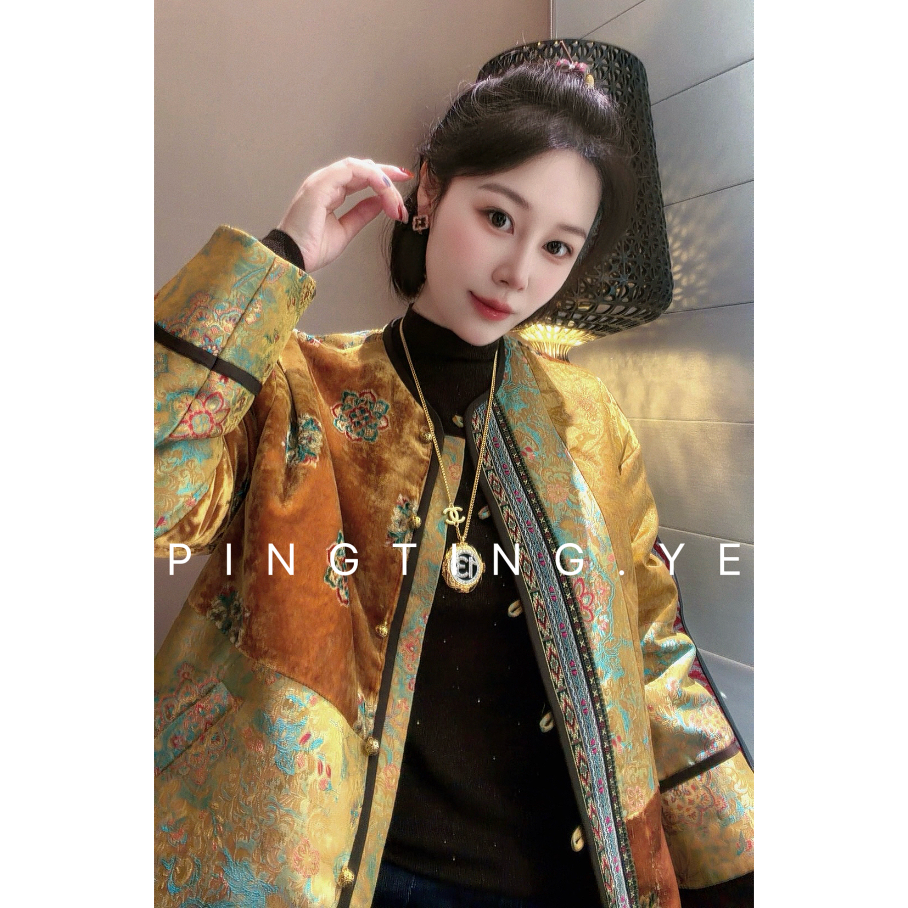 PINGTING.YE新中式复古宋锦提花丝绒拼接棉服百衲服89135