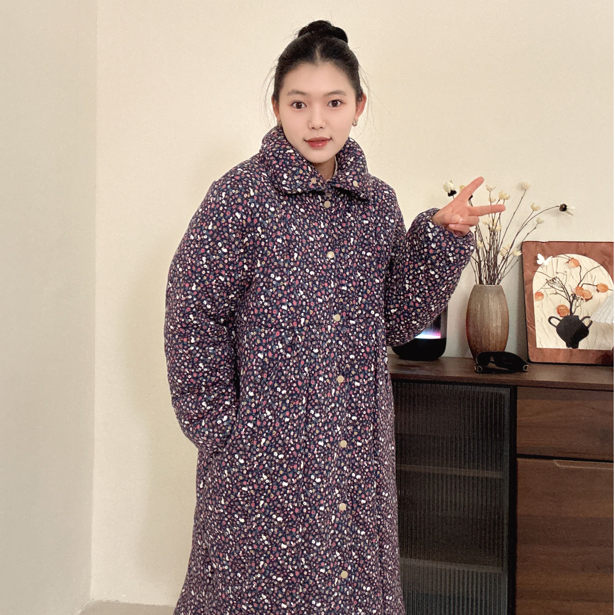 300g新疆棉【花丛兔子】立领A版大长款家居服睡衣棉衣棉服小碎花棉