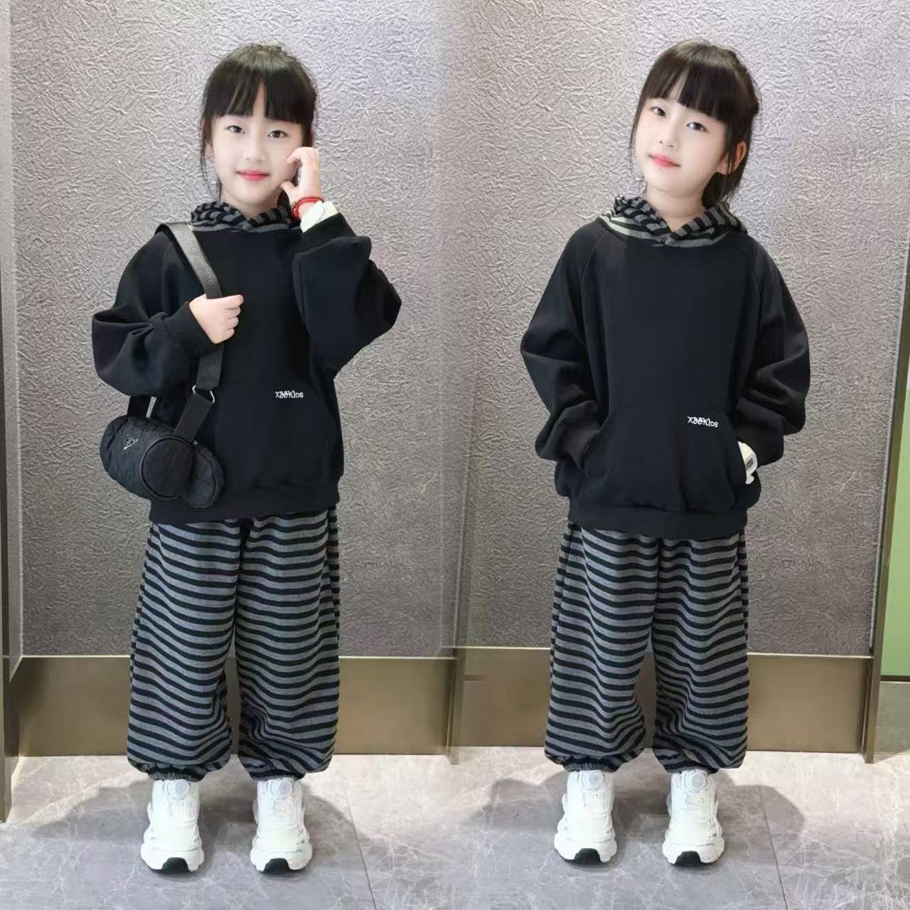 秋季男女童同款条纹连帽套装90-150