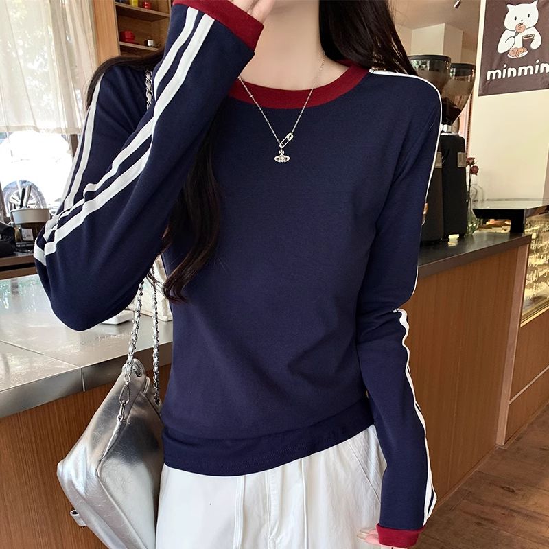 美系正肩长袖t恤女春秋冬新款休闲打底衫小个子撞色修身显瘦上衣