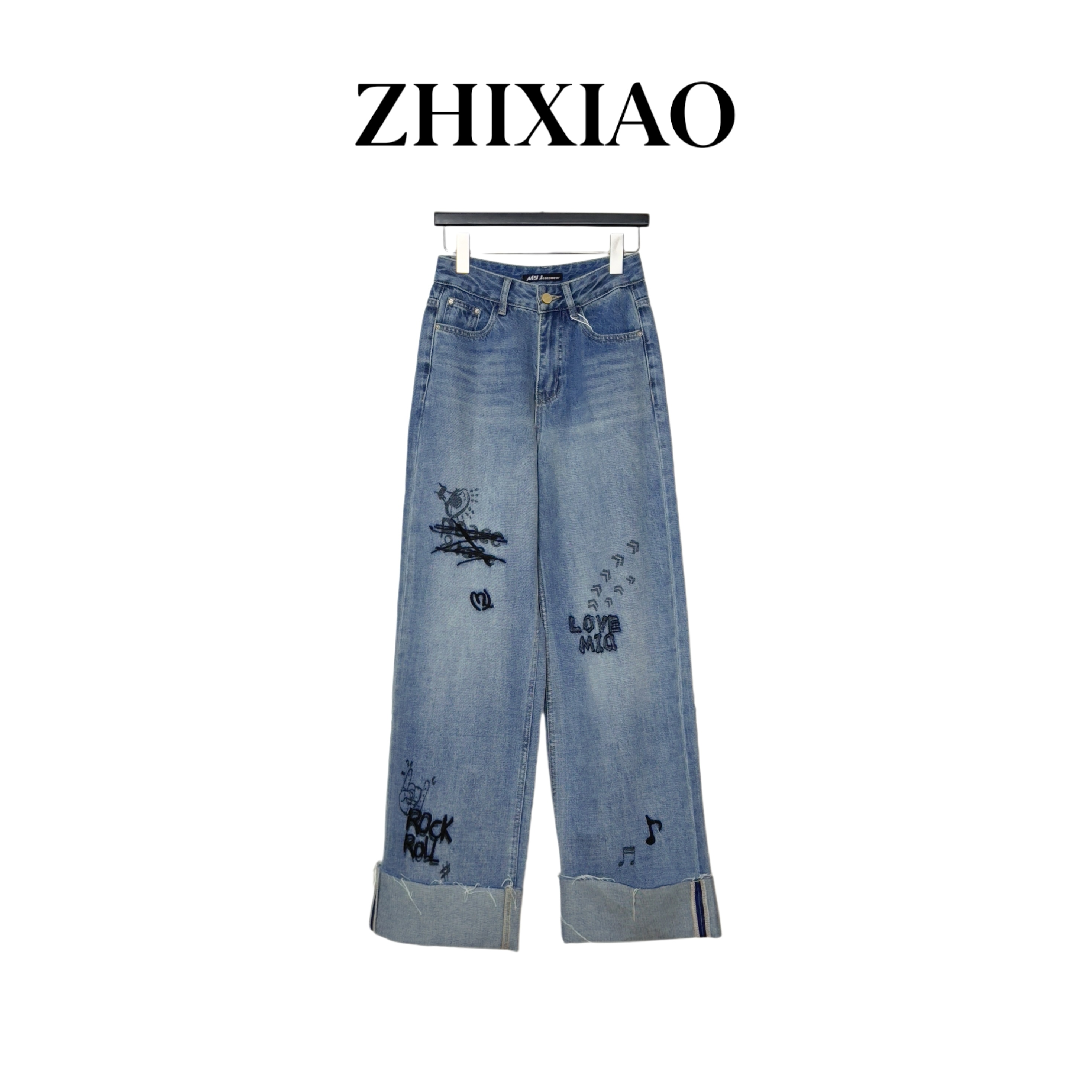【ZHIXIAO】夏季新款：英文涂鸦牛仔裤70332
