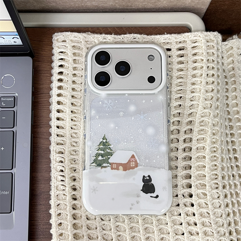 冬日ins双层房屋下雪小黑猫适用16promax手机壳iPhone17苹果15/14