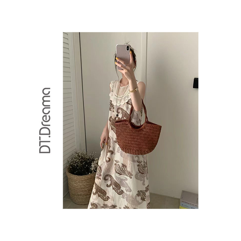 夏季休闲新款长裙极简风亚麻垂感飘逸印花设计连衣裙女